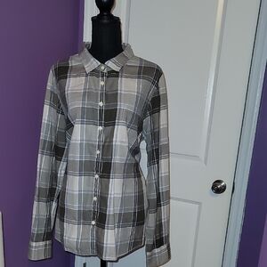 J Crew Women's Perfect Shirt Gray/Blue/White  half button down L/S shirt Sz: XL